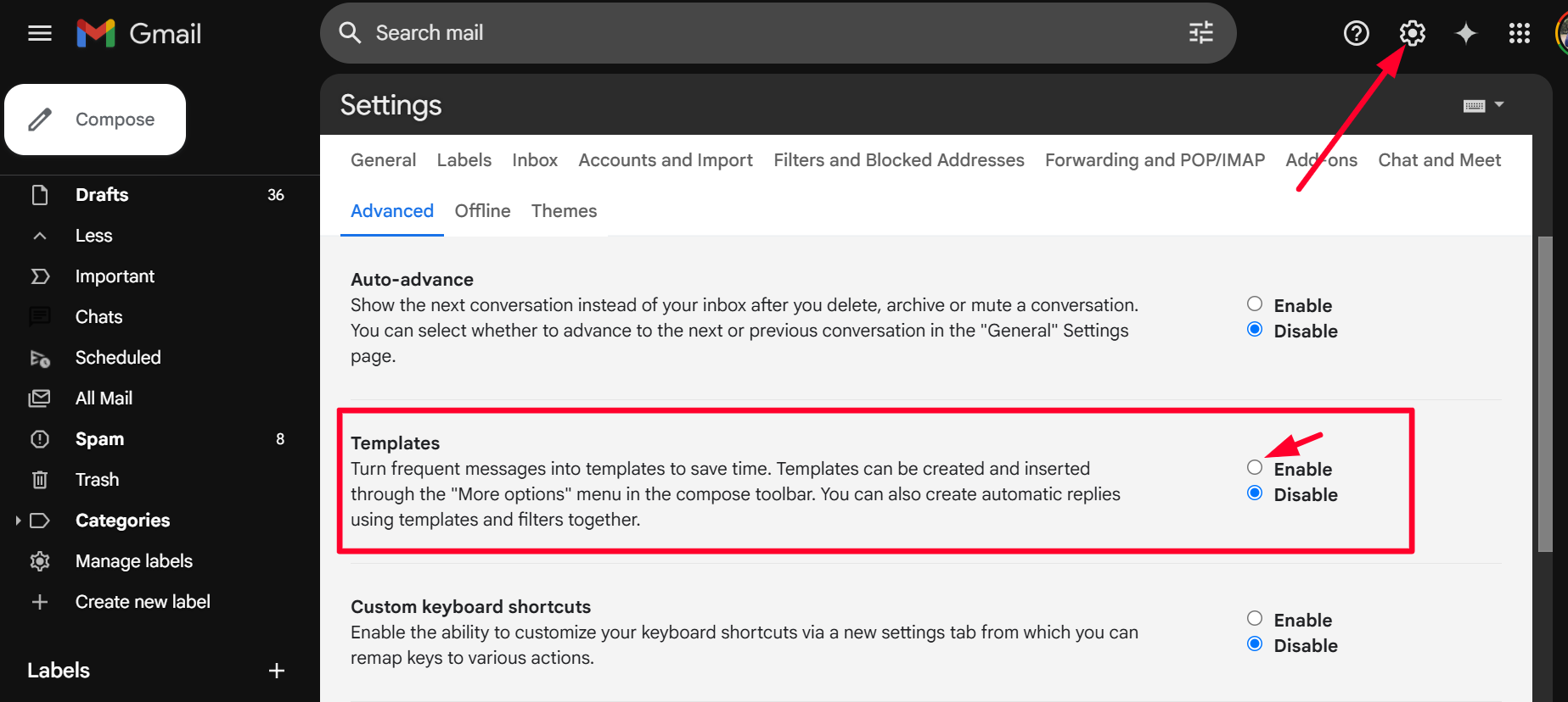 Gmail Settings → Advanced