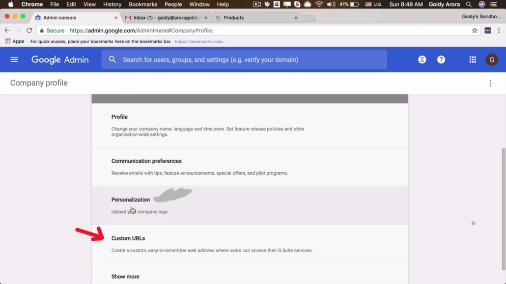 Custom URLs Section 