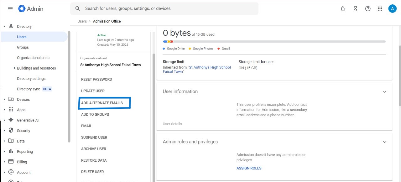 click on alternative email