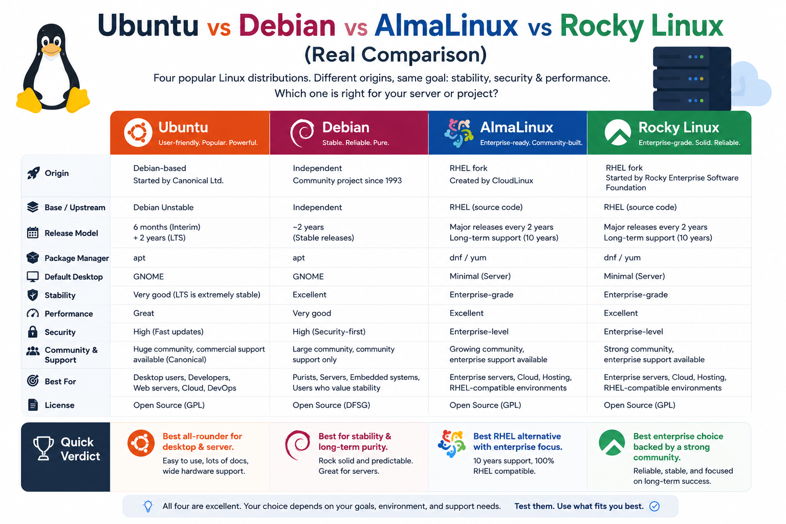 Ubuntu vs Debian vs AlmaLinux vs Rocky Linux (Real Comparison)