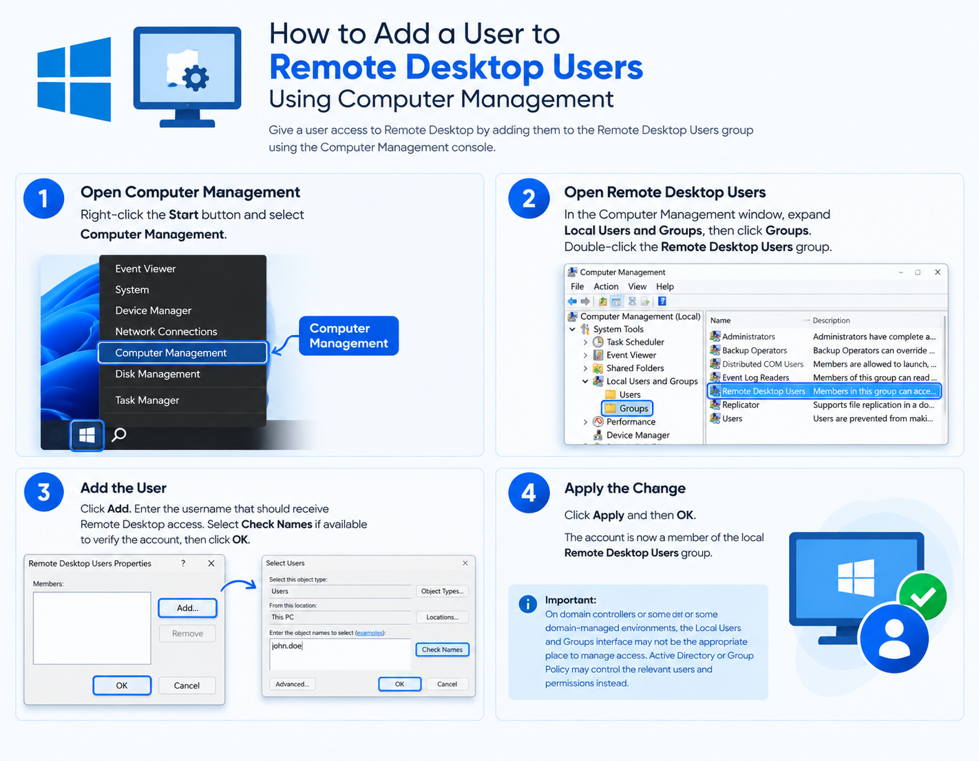 How to Add a User to Remote Desktop Users Using Computer Management